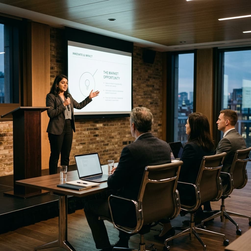 Founder presenting startup pitch to evaluation panel